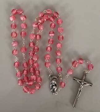 Pink Rosary Round Glass Bead 6 Mm Marble-Like In Clear Box