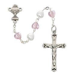 Pink and Pearl Hearts First Communion Rosary. Sterling Center and Crucifix