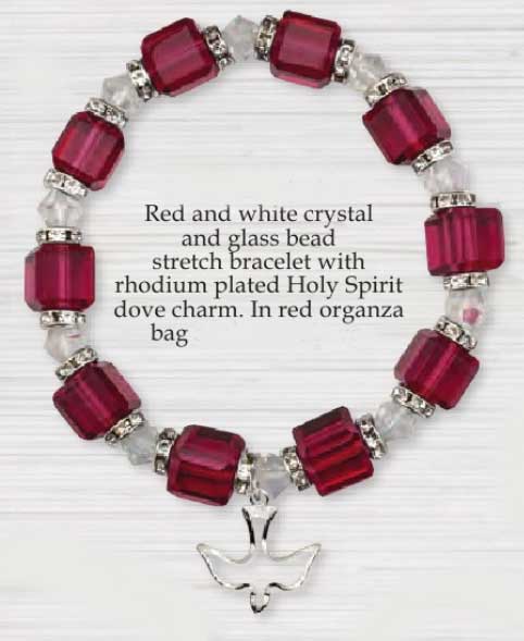 Red and White Crystal-Glass Bead Bracelet with Dove Charm