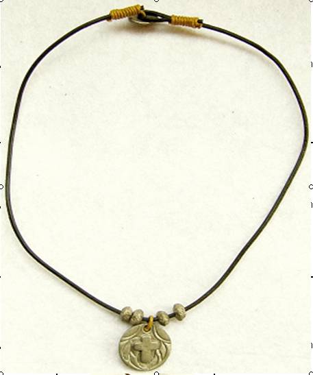 Round Cross Medal/Leather Cord Necklace