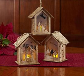 SET OF 3 Lighted Wooden Nativity Stable Ornaments