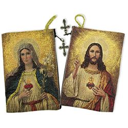 Sacred Heart of Jesus and Immaculate Heart of Mary Icon Tapestry Rosary Pouch 5 3/8" x 4"