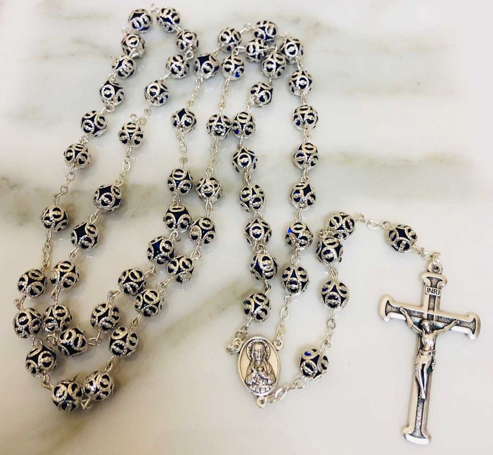 Sapphire Capped Boxed Rosary from Italy