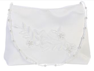 Satin First Communion Purse with Lace Applique with a Bead and Pearl Handle