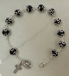 Silver Capped Black Bead Rosary Bracelet from Italy