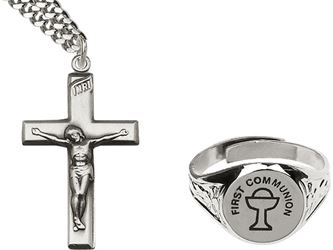 Silver Plated Crucifix Necklace and First Communion Ring Gift Set