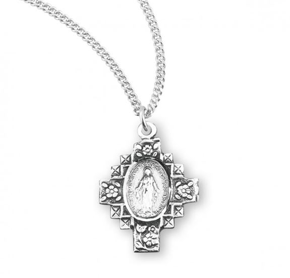 Sterling Silver Miraculous Medal with Flower Details on 18" Chain