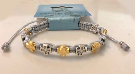 St. Benedict Blessing Bracelet with Grey Thread and Mixed Metal Crosses