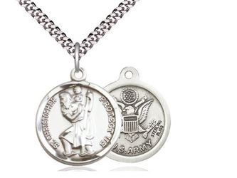 St. Christopher Army Sterling Silver Medal on 24" Chain