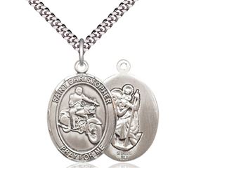 St. Christopher Sterling Silver Motorcycle Medal On 18" Chain