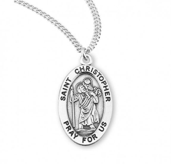 St. Christopher Oval Sterling Silver Medal on 20" Chain