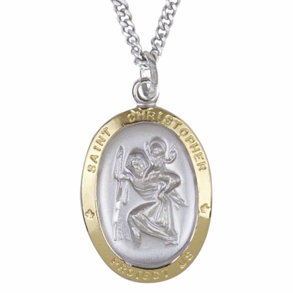 St. Christopher  Two Tone Sterling Silver Oval Medal on 18" Chain