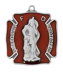 St. Florian Pewter and Red Firefighter Medal on 24" Chain