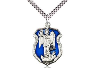 St Michael the Archangel Sterling with Blue Enamel Police Shield on 24" Chain