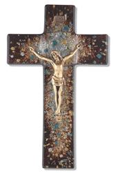 10" RICH BROWN SPECKLED GLASS CROSS WITH GOLD CORPUS