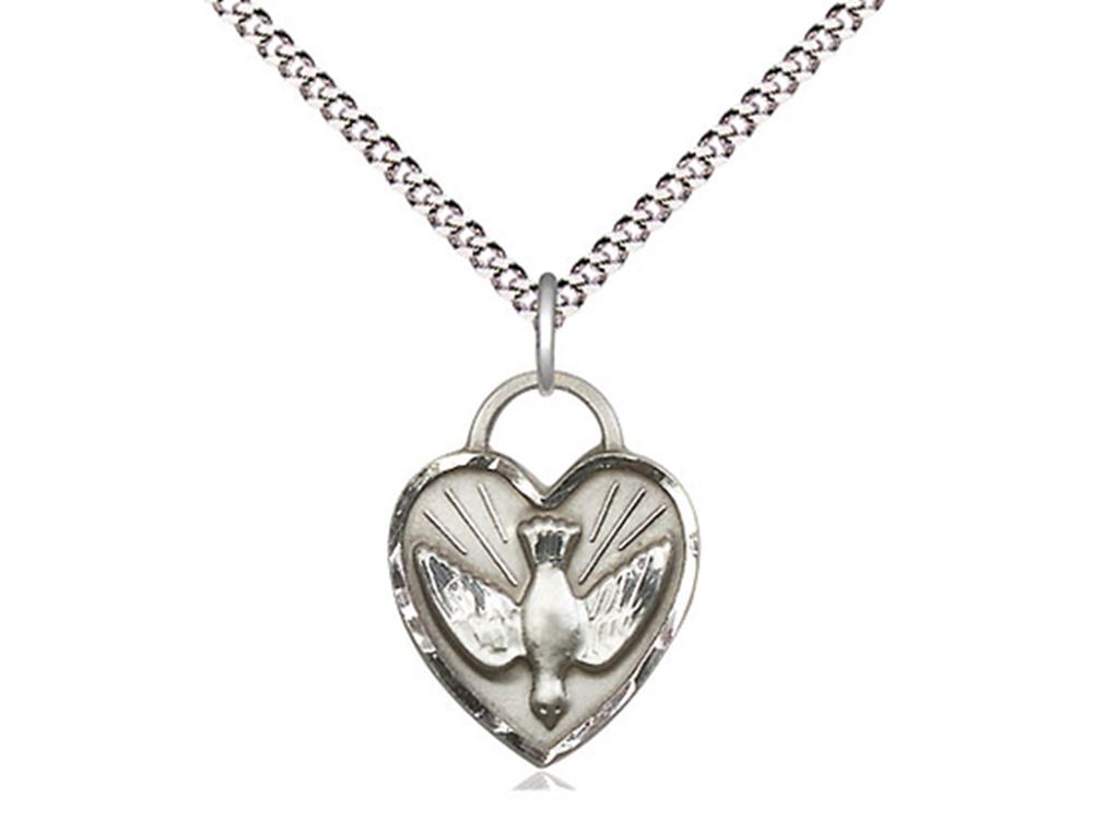 Sterling Silver Confirmation Heart Pendant on a 18 inch Light Rhodium Light Curb Chain. ﻿Gift Boxed.