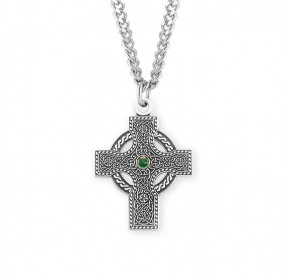 Sterling Silver Celtic Cross with Emerald Center on 20" Chain
