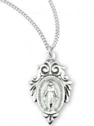 Sterling Silver Miraculous Medal with Fancy Leaf on 18 inch Chain
