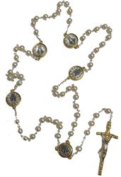 Two Tone Miraculous Medal Rosary with Pearl Colored Glass Beads