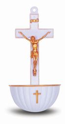 5.5" White Crucifix Plastic Holy Water Font with Gold Highlights