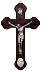Wood 8.75" Wall Crucifix with Pewter Corpus and Holy Spirit Medallion