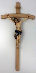 Wood Carved 11" Wall Crucifix with Bent Cross and 5" Colored Corpus, Made in Italy